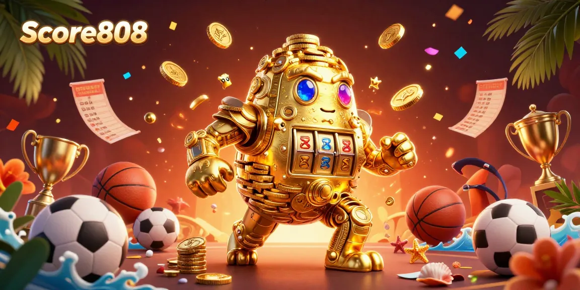 Score808 offers immersive sports betting excitement with vibrant illustrations of sports elements and live events.