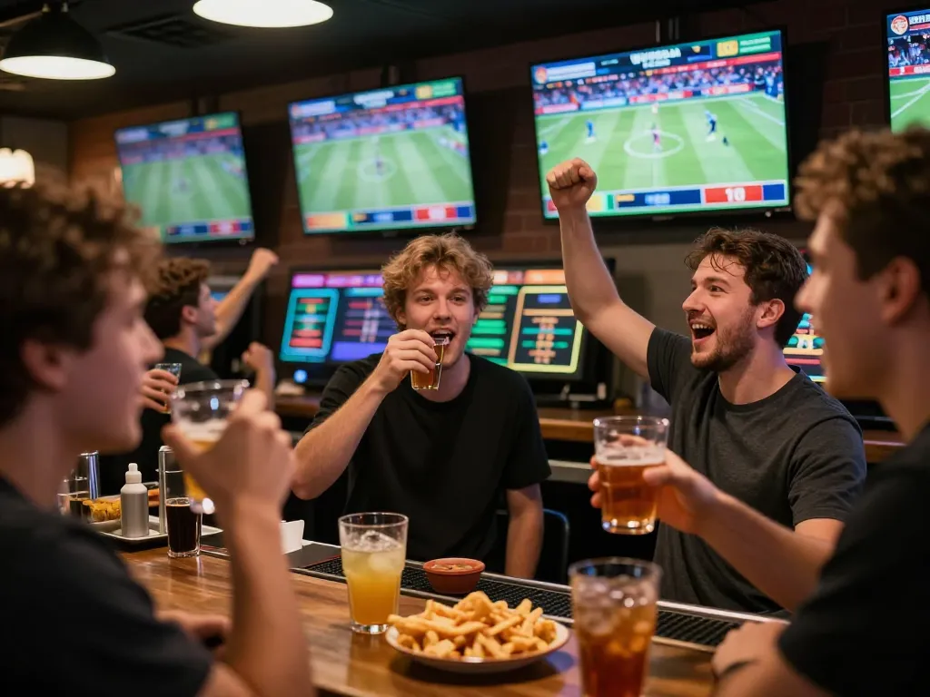 WWBOLA patrons engaging in exciting sports betting at a lively bar, showcasing strategic gameplay.