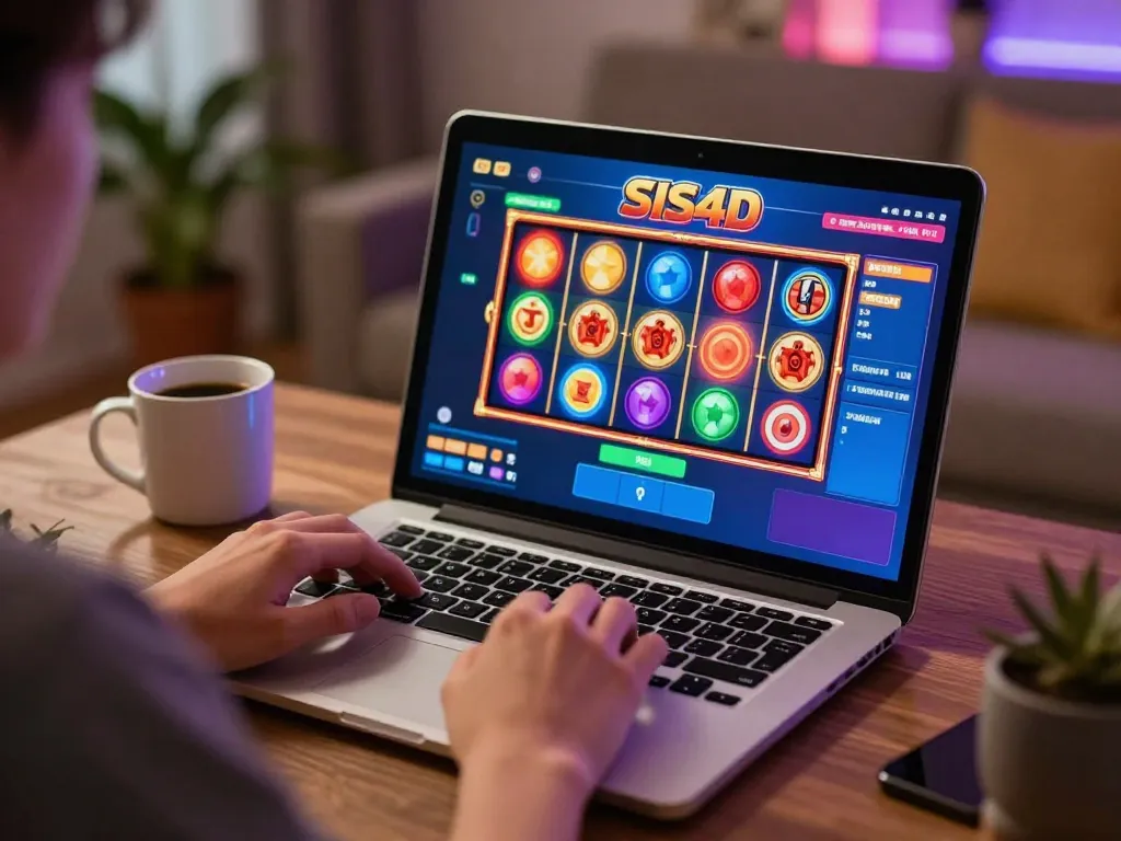 Engaging in slot games on SIS4D with a laptop, showcasing a cozy home gaming setup