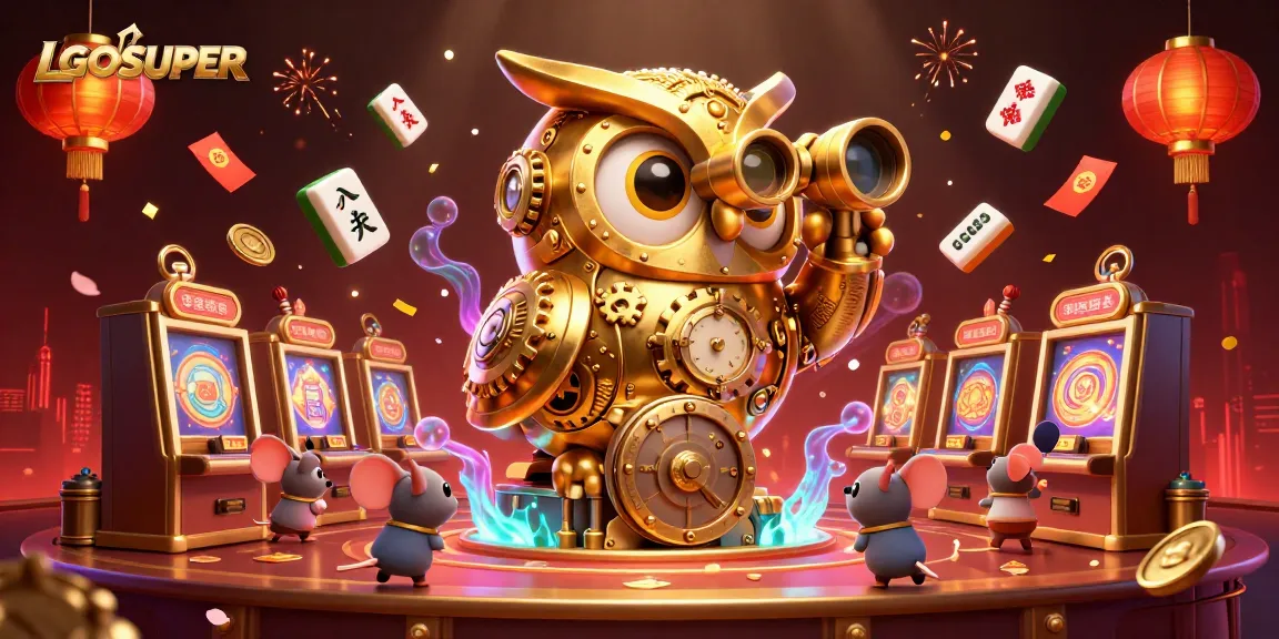 Engage with the vibrant LGOSUPER casino scene featuring a golden owl, lively slot machines, and festive decorations.