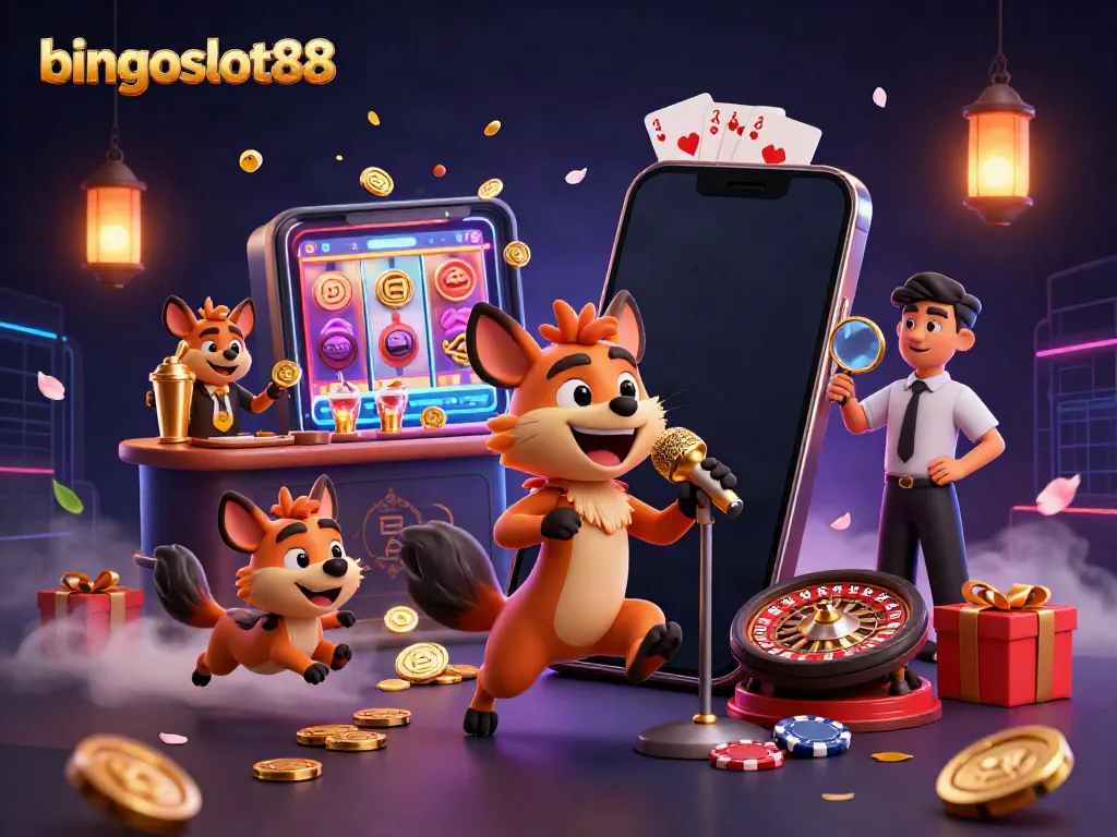Gambarkan aksesoris menghibur di bingoslot88 dengan hyena komedi dan permainan slot yang mengkilap di kasino digital.