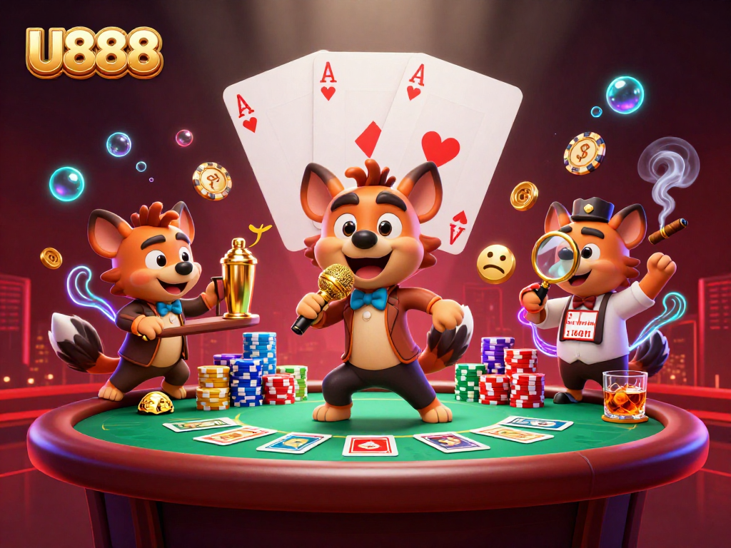 U888 hyenas in a vibrant casino club scene illustrating gaming excitement and comedy