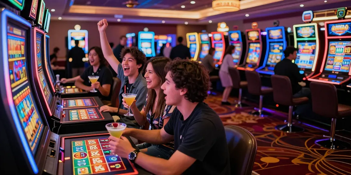 Excited players celebrating a win on the slot gacor machine in a vibrant casino.