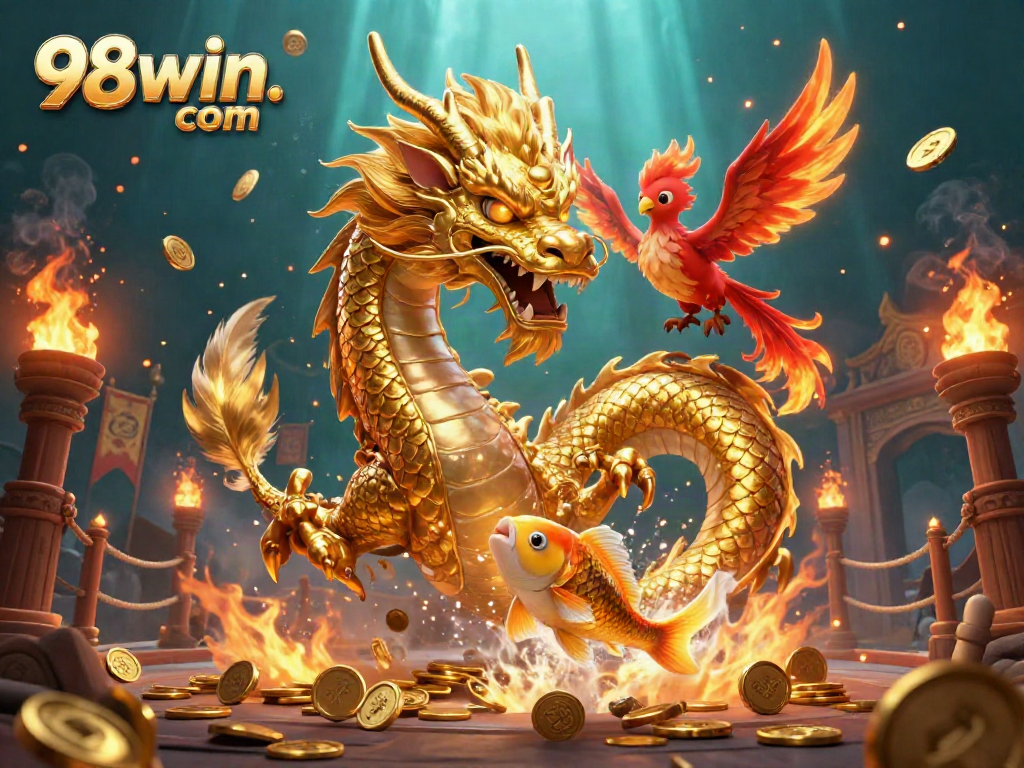 Engage in thrilling slots with 98win. com, featuring a dynamic dragon and phoenix illustration.