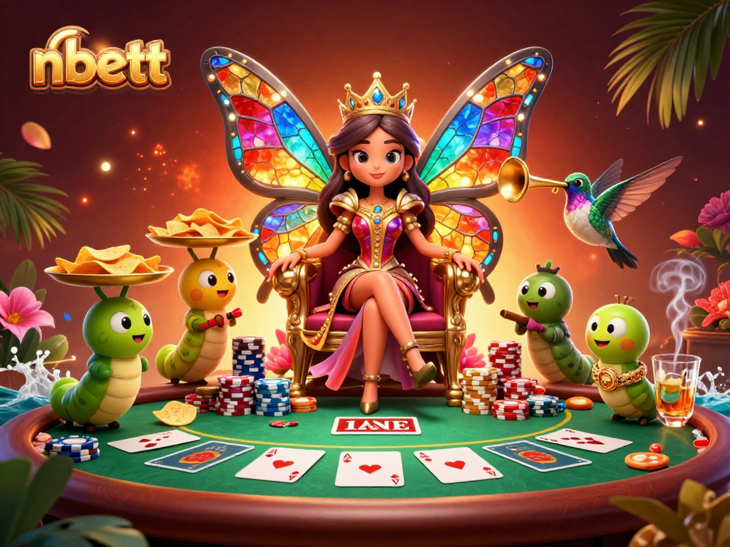 Experience thrilling gameplay at nbett with vibrant visuals of a butterfly queen at a poker table.