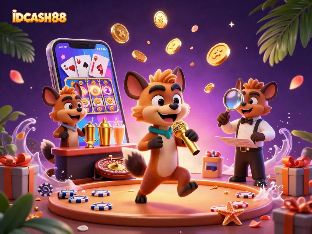 A dynamic casino scene featuring IDCASH88, with hyenas running a comedy club, showcasing a slot game smartphone, golden coins, and playing cards.