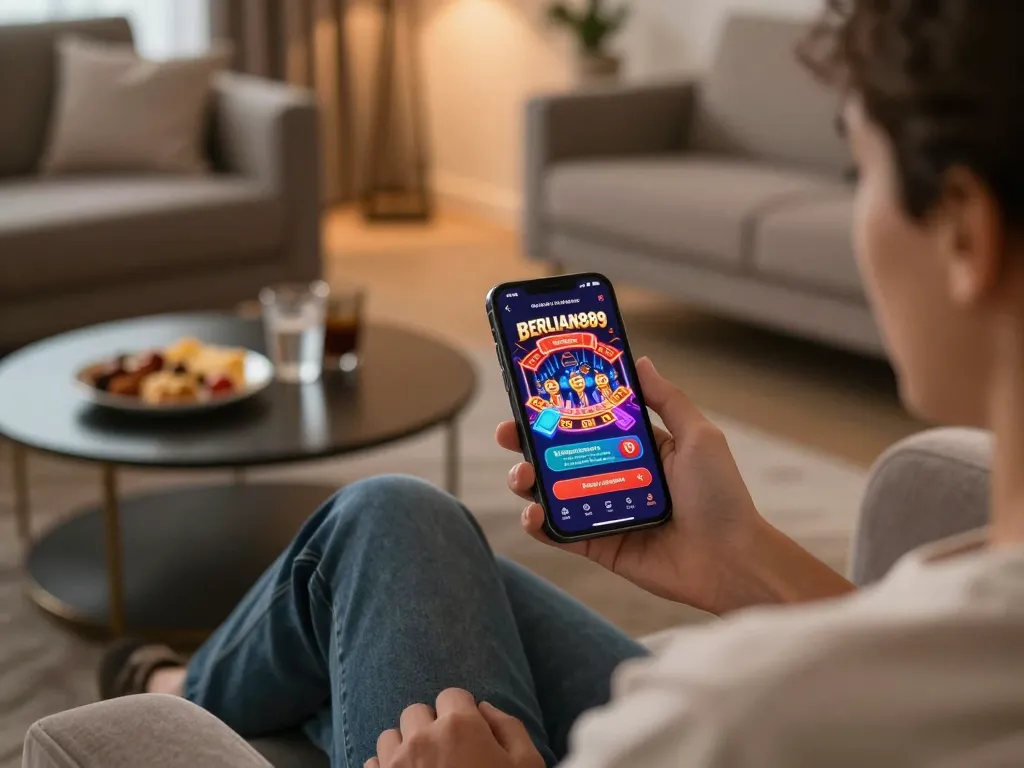 Engage with fun gameplay on BERLIAN889 Login via mobile app, exciting casino graphics shown on smartphone.