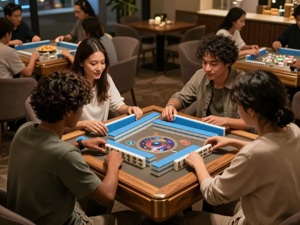 Sekelompok orang menikmati permainan peluang mahjong wins 3 di lounge permainan yang semarak.