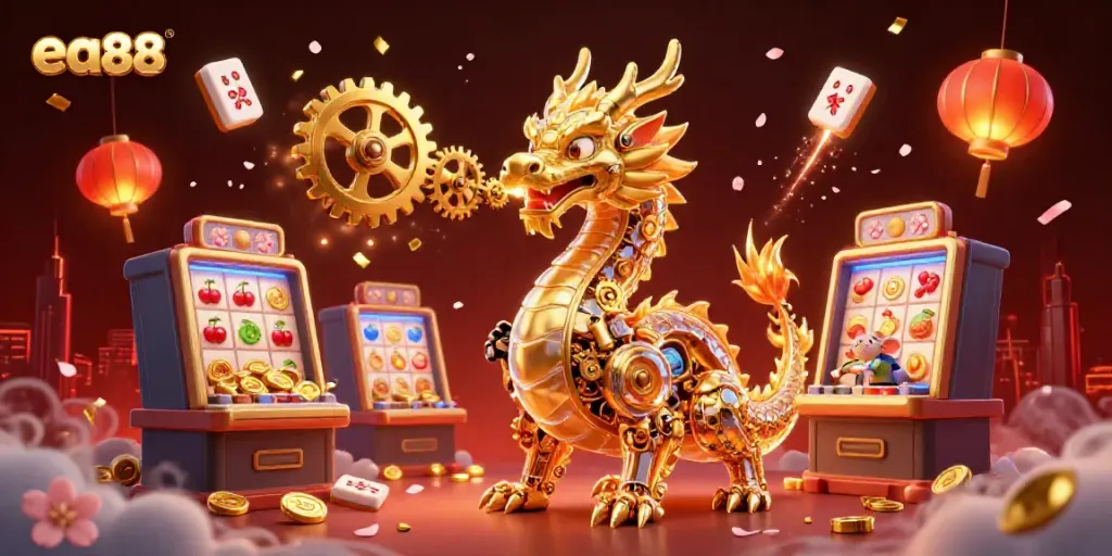 Engage with ea88's thrilling casino experience featuring a golden dragon amidst vibrant slot machines.