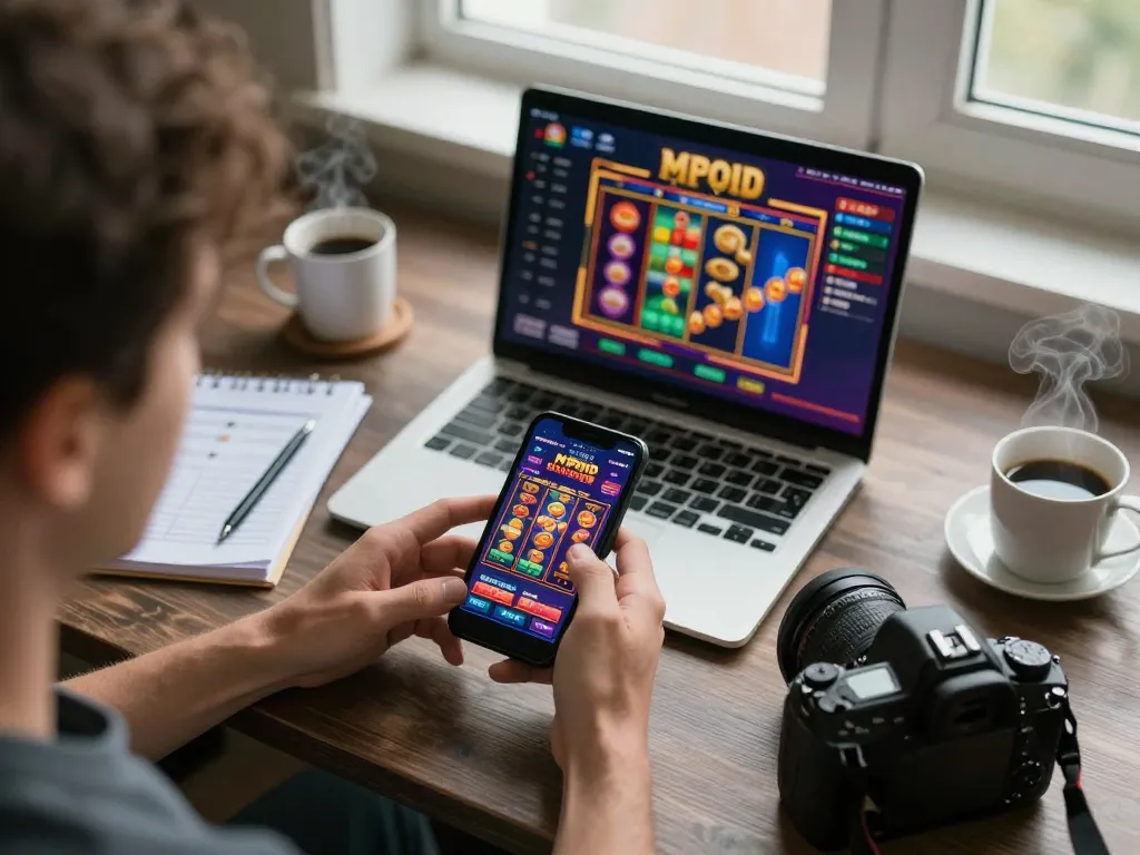 MPOID user playing slot machines on mobile device, showcasing exciting game interface and strategic setup.