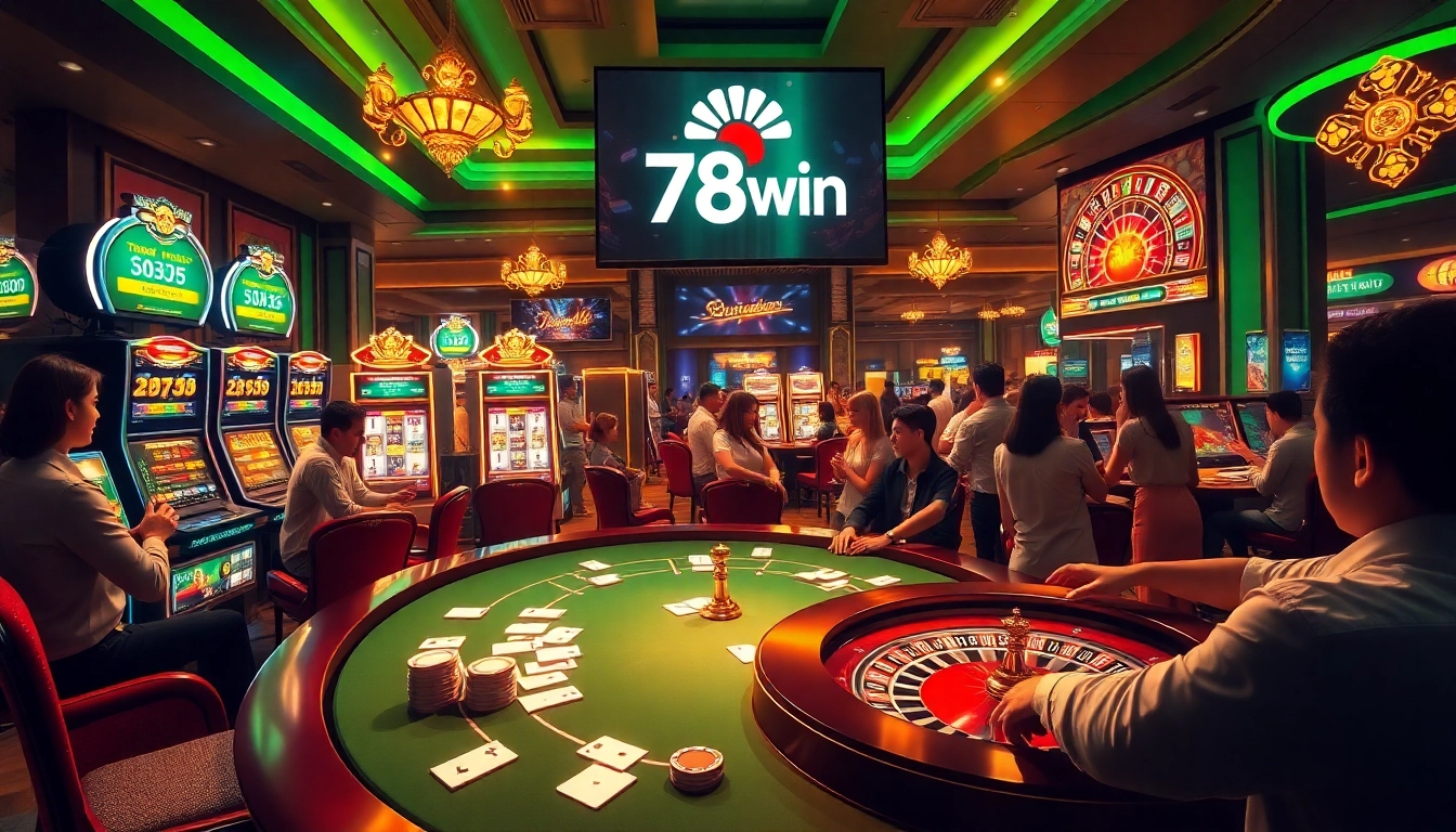 Exciting online gambling scene at Trang chủ 78win featuring poker chips and vibrant slot machines.