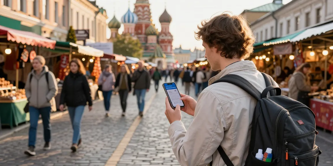 Menjelajahi kota Rusia dengan aplikasi PayInRussia di smartphone, suasana nyaman dengan sinar matahari hangat.