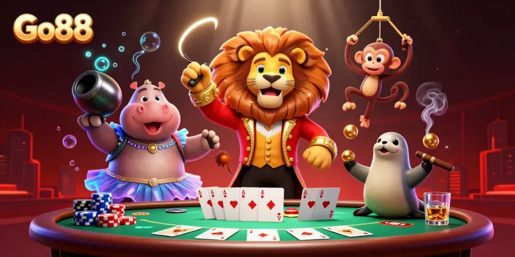 Experience exciting gaming action with Go88 featuring vibrant circus characters in a casino