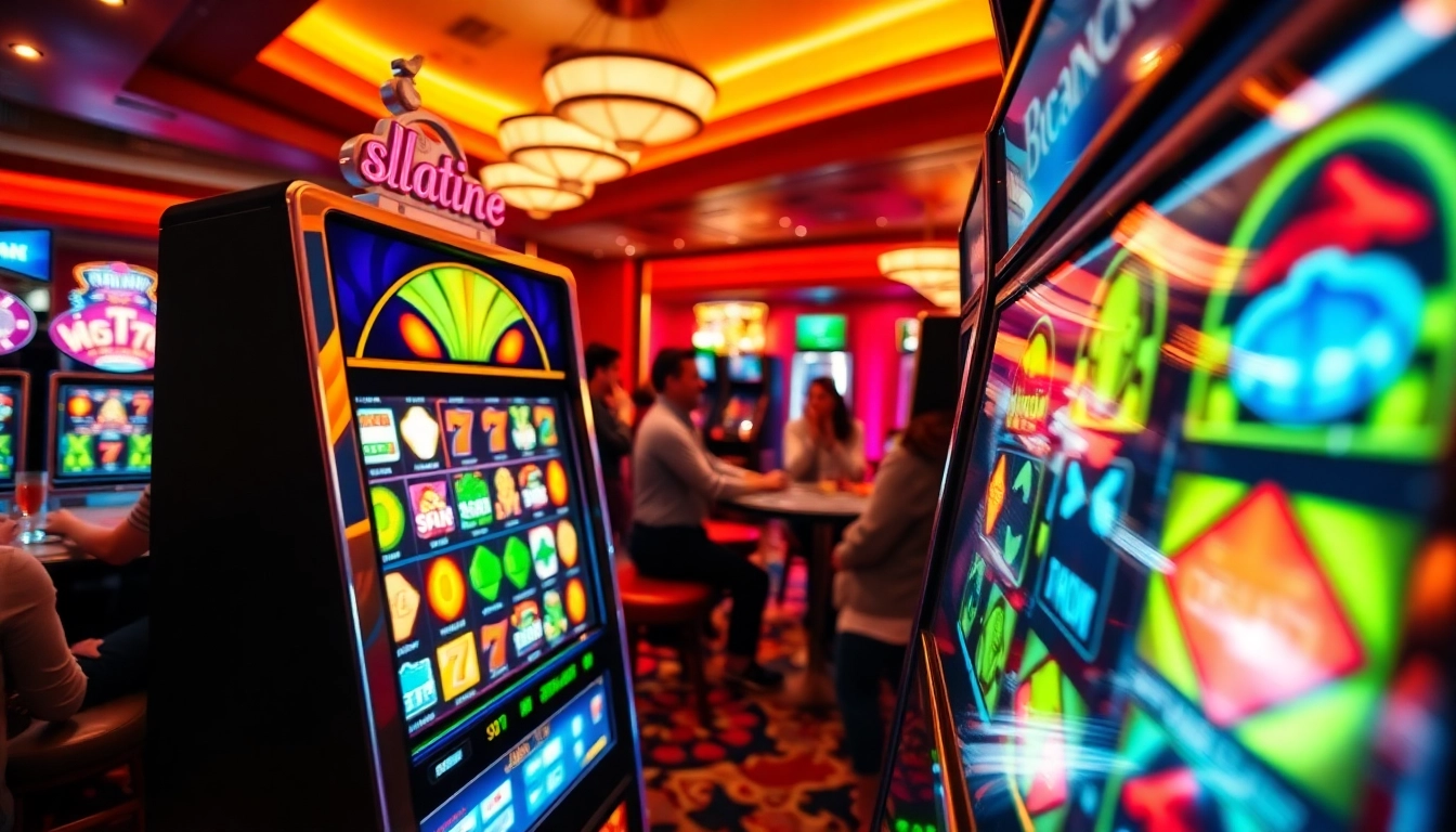 Menangkan hadiah di tunai138 dengan mesin slot berwarna-warni dan pengunjung yang ceria.
