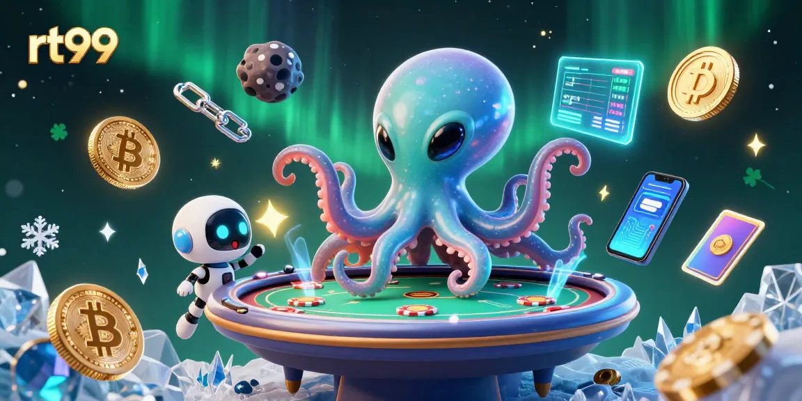 Engage in dynamic poker gameplay with rt99's holographic table featuring an alien octopus and cryptocurrency elements.