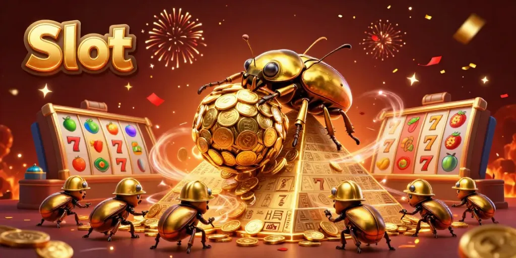 Mendapatkan jackpot di mesin Slot dengan simbol keberuntungan dan koin emas mengelilingi.