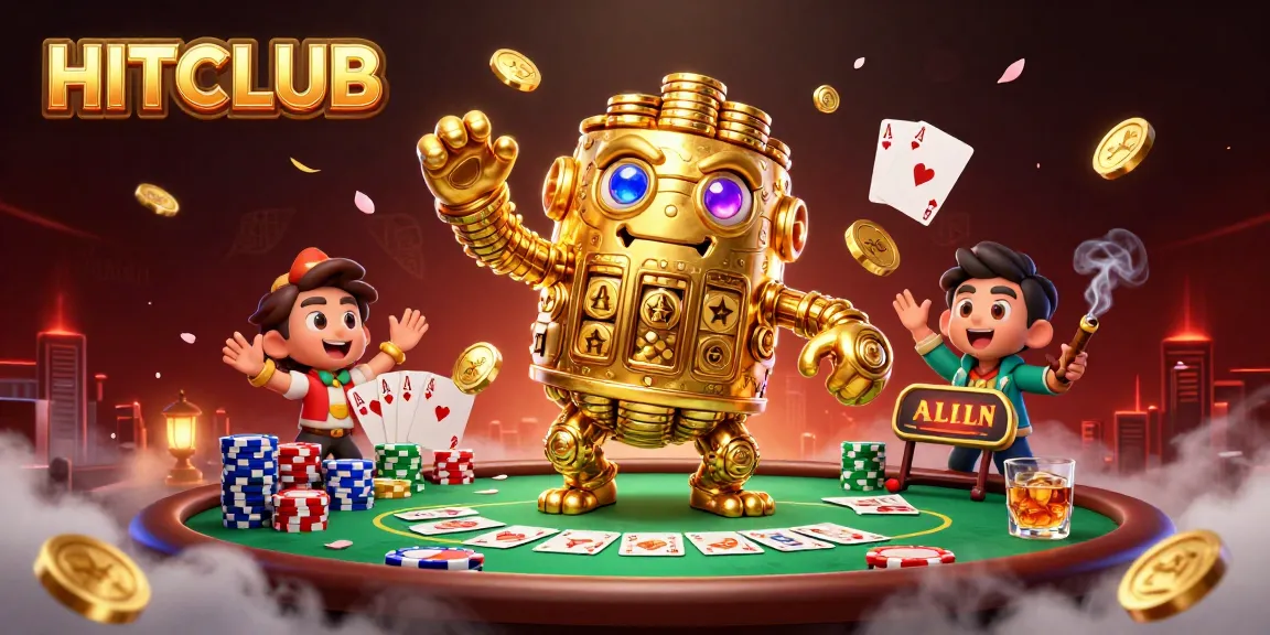 Bet on HITCLUB with the ancient golden golem surrounded by vibrant casino action.