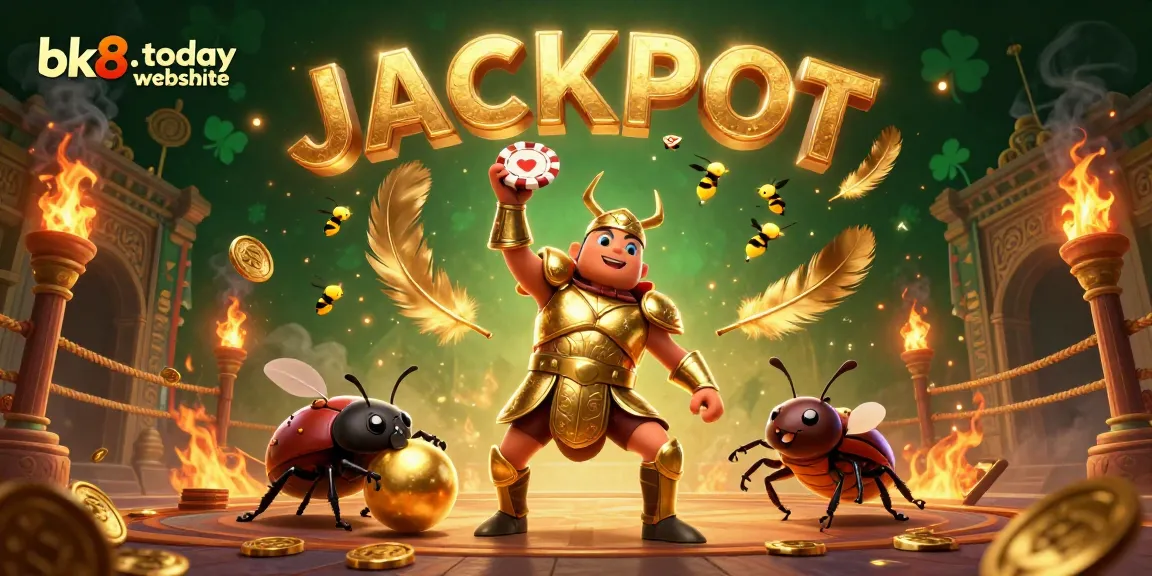 Engage with the bk8.today website as a hercules beetle wins at the casino, surrounded by vibrant gaming elements.