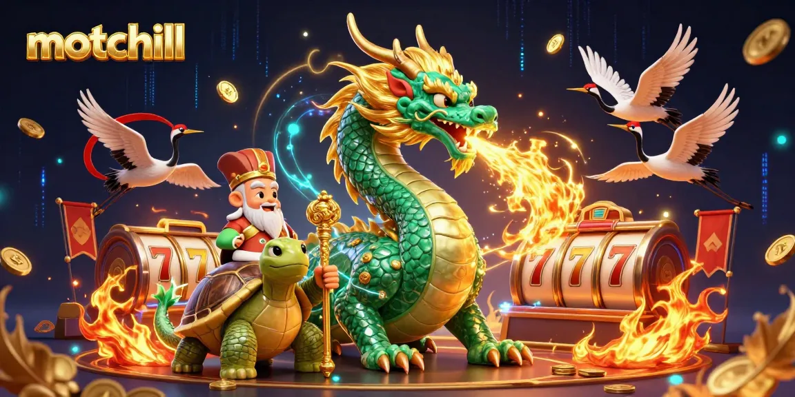 Experience thrilling gameplay at motchill with a mystical dragon and sage, surrounded by vibrant casino elements.