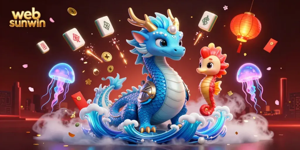 Engage with web sunwin through a dynamic 3D casino scene featuring a wave dragon, seahorse knight, and neon jellyfish.