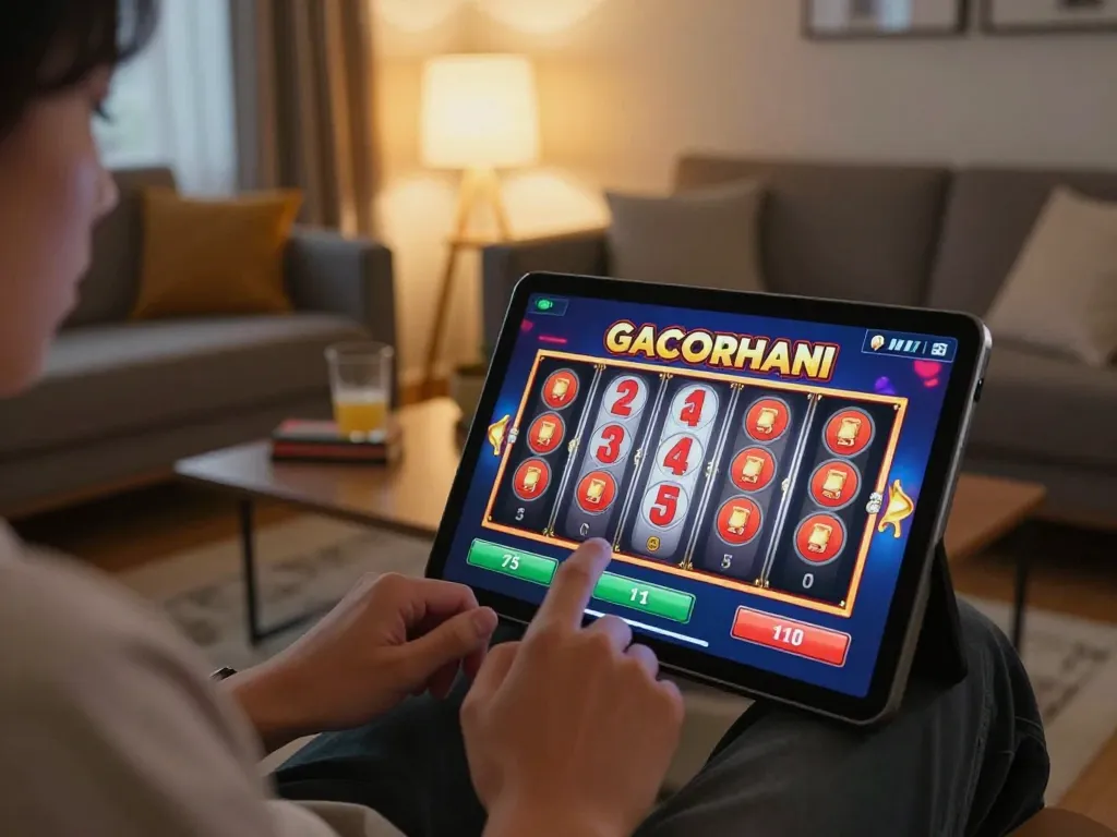 Permainan yang menarik pada slot gacor hari ini saat pemain memutar gulungan di tablet dalam pengaturan rumah yang nyaman.