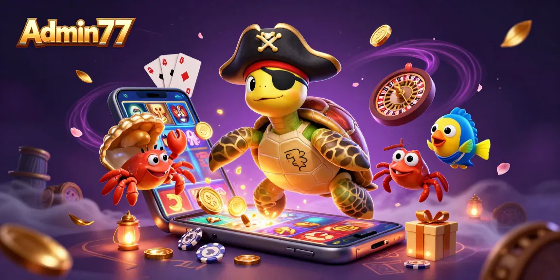 Spin slot games with Admin77 as the pirate turtle finds treasure amidst magical casino elements.