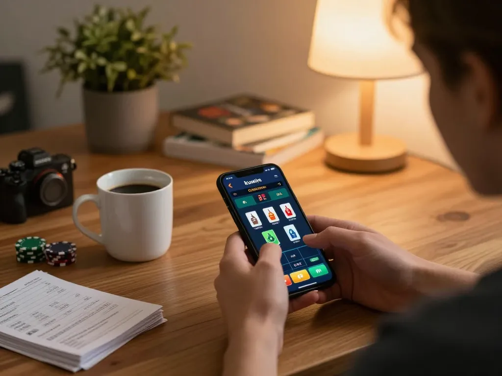Kuwin online gaming experience with player engaged in mobile casino action at home, showing poker hands