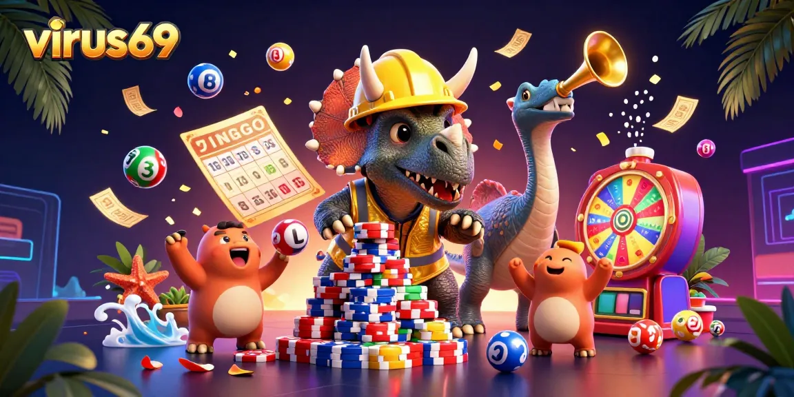Engage with virus69 exciting online gaming atmosphere, celebrating wins with vibrant lottery balls and cheerful characters.