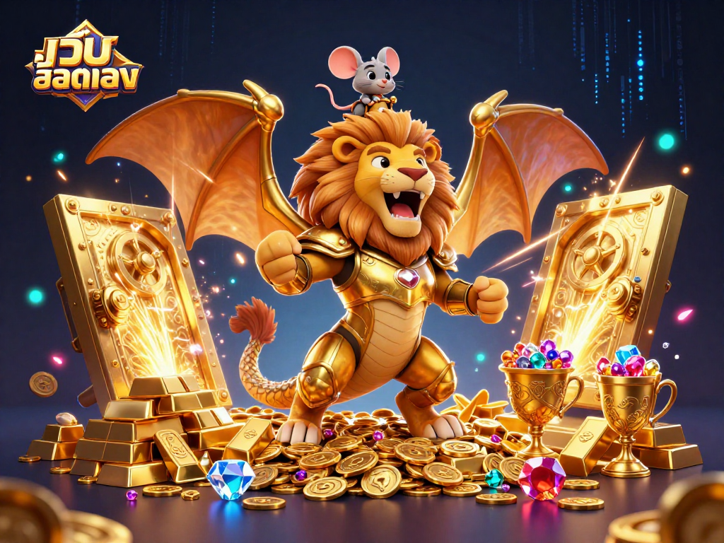 Experience เว็บสล็อตตรง with a heroic chimera roaring amid golden treasures and vibrant casino elements.