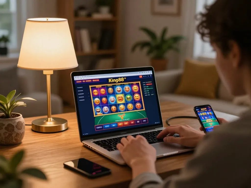 Engaged player navigating the King88 casino interface on laptop and smartphone, enjoying a strategic gaming experience.