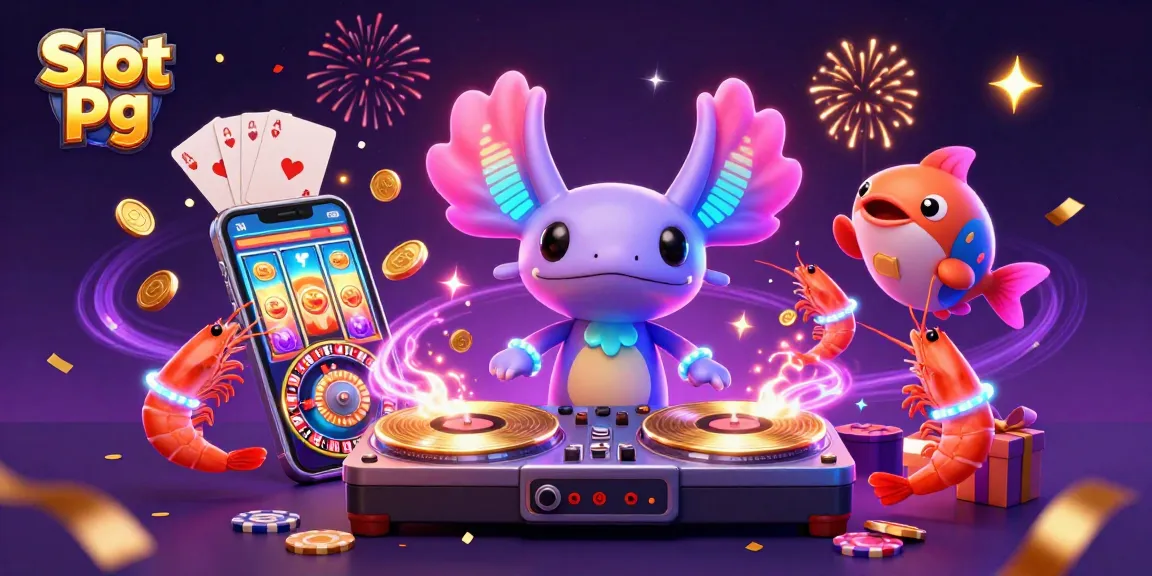 Engage with Slot Pg featuring a vibrant axolotl DJ spinning reels, with dynamic gaming elements like coins and playing cards erupting in a colorful atmosphere.