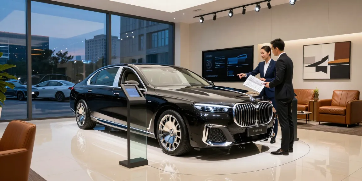 Menampilkan kendaraan LUXURY 777 di showroom modern dengan suasana mewah dan penjual yang menjelaskan fitur produk.