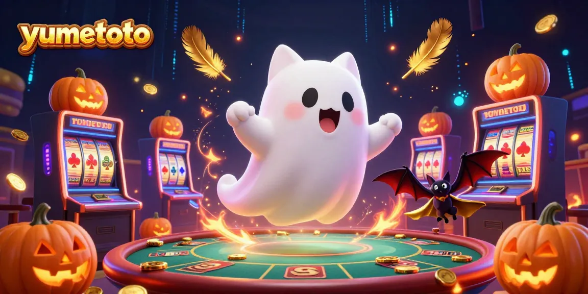 Experience the thrill of yumetoto with a friendly ghost cat and vampire bat in a vibrant casino.