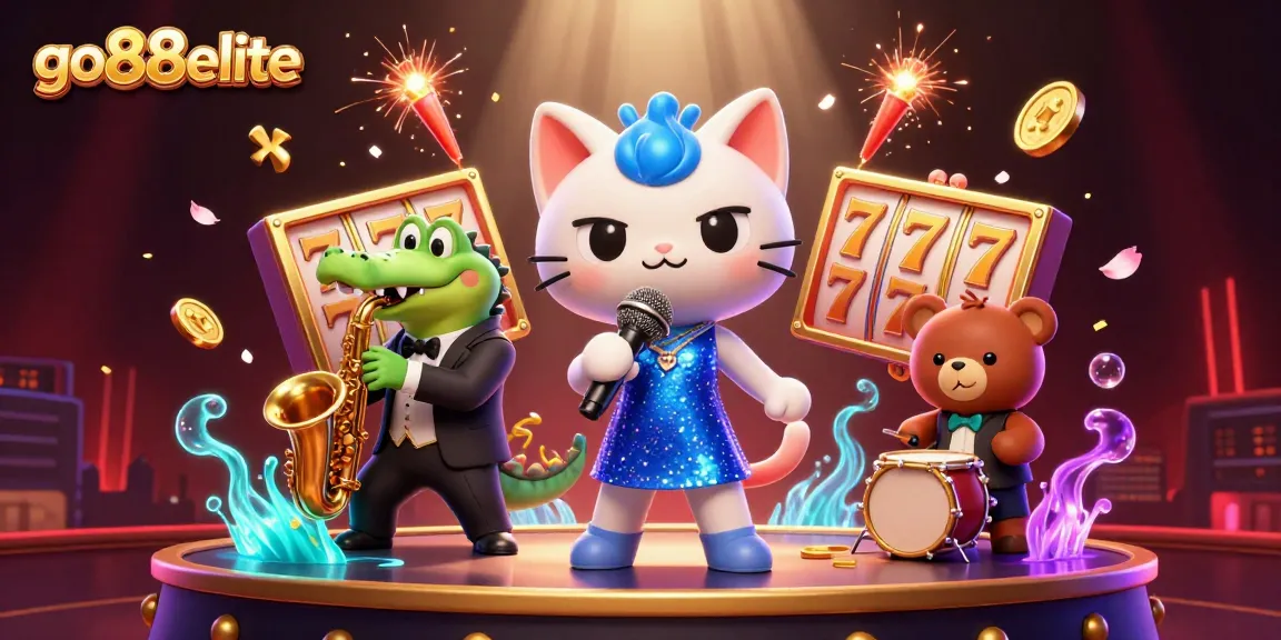 Experience the excitement at go88elite with lively casino characters amidst vibrant gaming symbols.