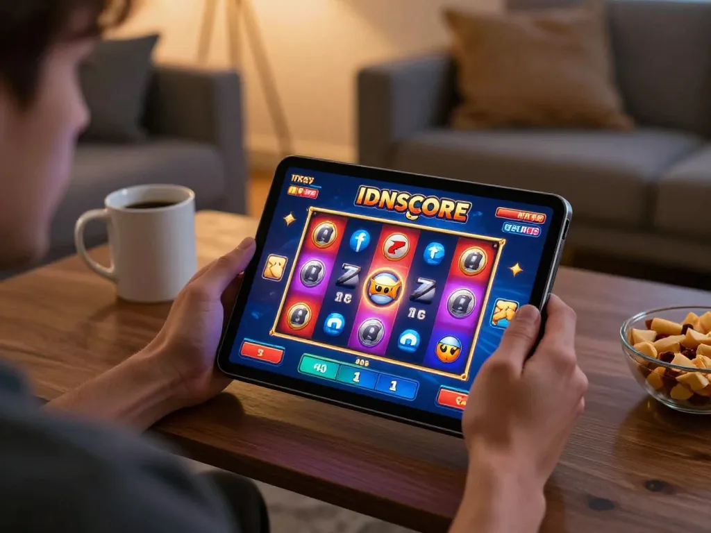 IDNSCORE player engaging in thrilling online gaming session with colorful slot interface on tablet
