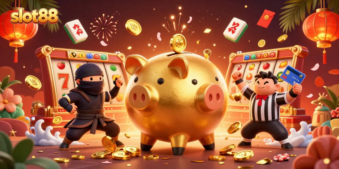 Permainan slot88 dikelilingi karakter menarik dan simbol keberuntungan yang meriah.