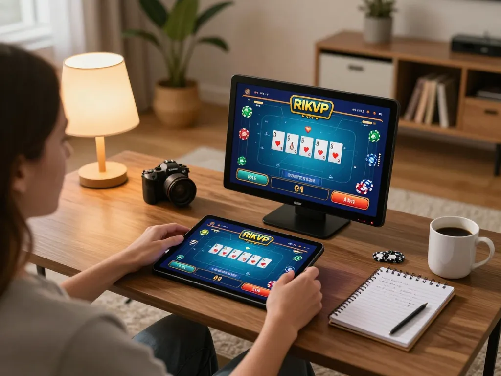 Player enjoying RIKVIP online poker game on tablet in cozy home setting with strategic notes