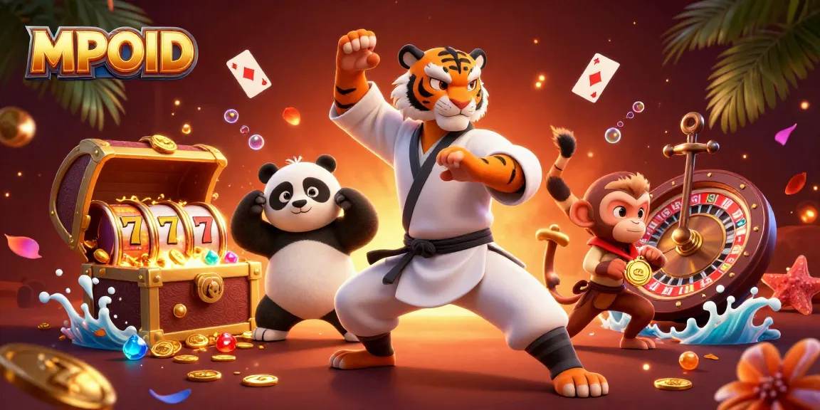 MPOID showcases a thrilling casino scene with a kung fu tiger master, animated slot reels, and vibrant game elements.