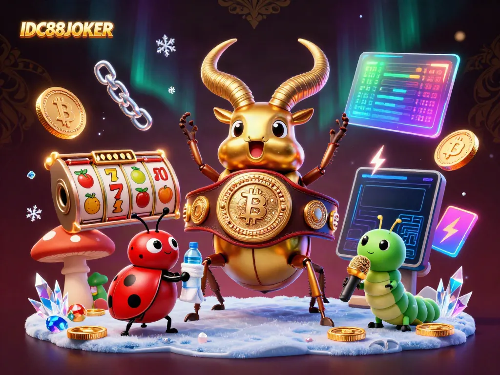 Engage in thrilling slots at IDC88JOKER with vibrant imagery of games, characters, and neon crypto symbols.