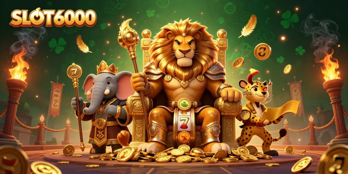 Permainan memukau SLOT6000 dengan singa raja dan elemen kasino menarik.