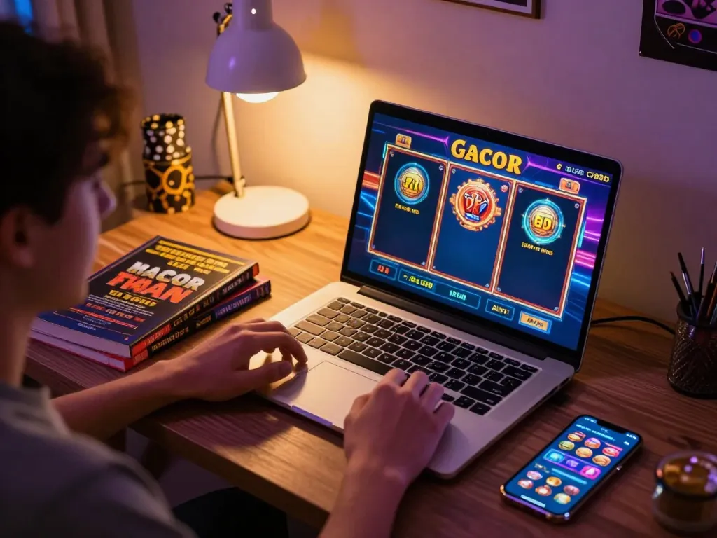 Player enjoying slot gacor hari ini on a laptop, showcasing vibrant graphics in a cozy gaming setup.