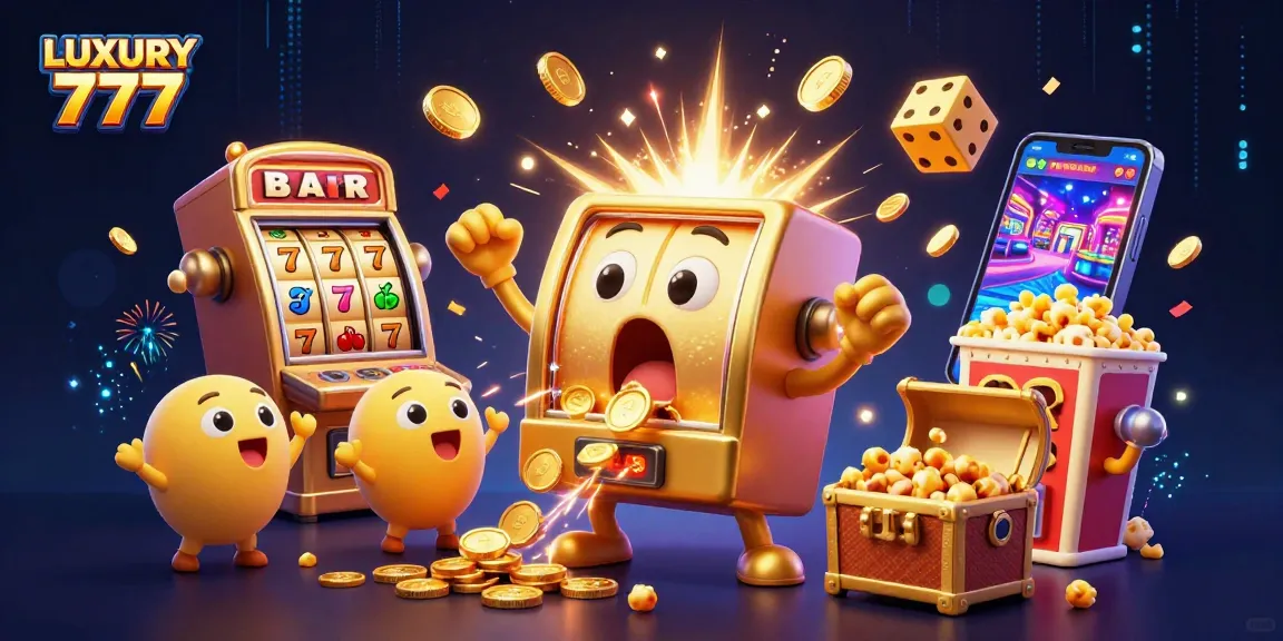 Permainan slot mesin LUXURY 777 menghasilkan jackpot dengan koin berhamburan.