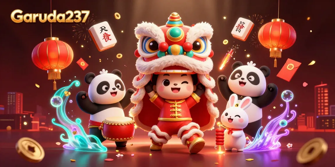 Boost your wins on Garuda237 with a festive 3D lion dance scene, featuring animated casino elements.