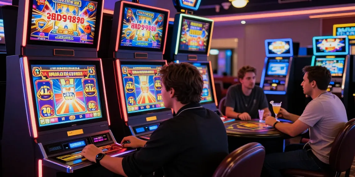 Gamer menanti kemenangan di mesin rtp slot dengan atmosfer kasino berwarna-warni.