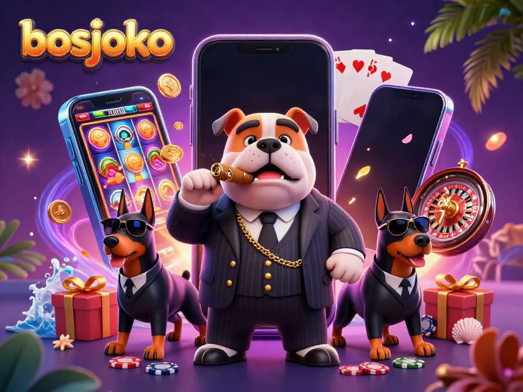 Experience the thrilling world of bosjoko with this vibrant, action-packed casino scene featuring a mafia bulldog and his Doberman bodyguards.