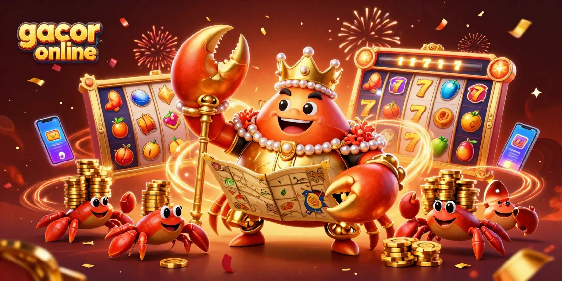 Join the excitement at gacor slot online with a vibrant scene showcasing a golden crab emperor surrounded by dynamic slot elements.