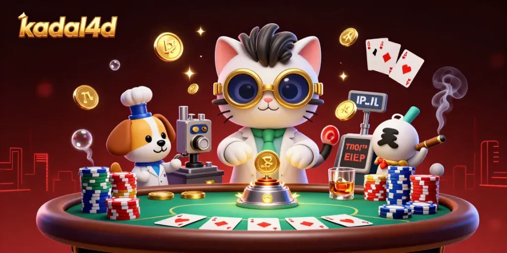 Play exciting games on kadal4d, featuring unique characters amidst poker elements and vibrant casino energy.