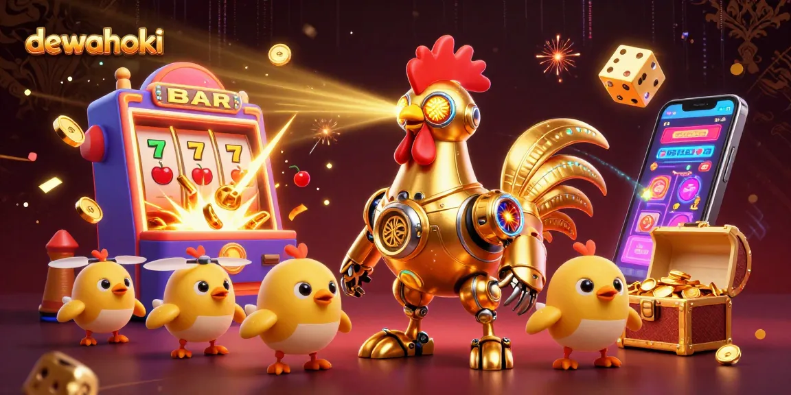 Dewahoki slots activation with a dynamic 3D golden rooster robot and jackpot symbols exploding in a casino-themed illustration.