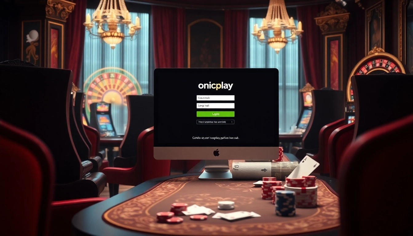 Experience excitement with onicplay login as vibrant slot machines and poker chips surround a luxurious casino setting.