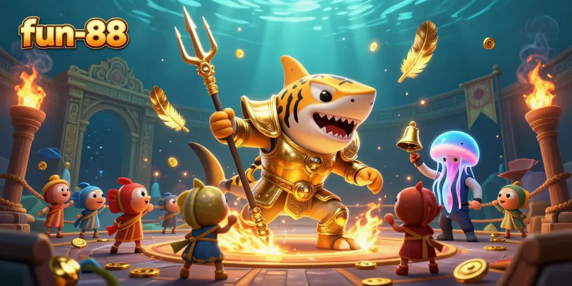 Experience the thrill of fun-88 in a vibrant underwater colosseum featuring a gladiator shark.